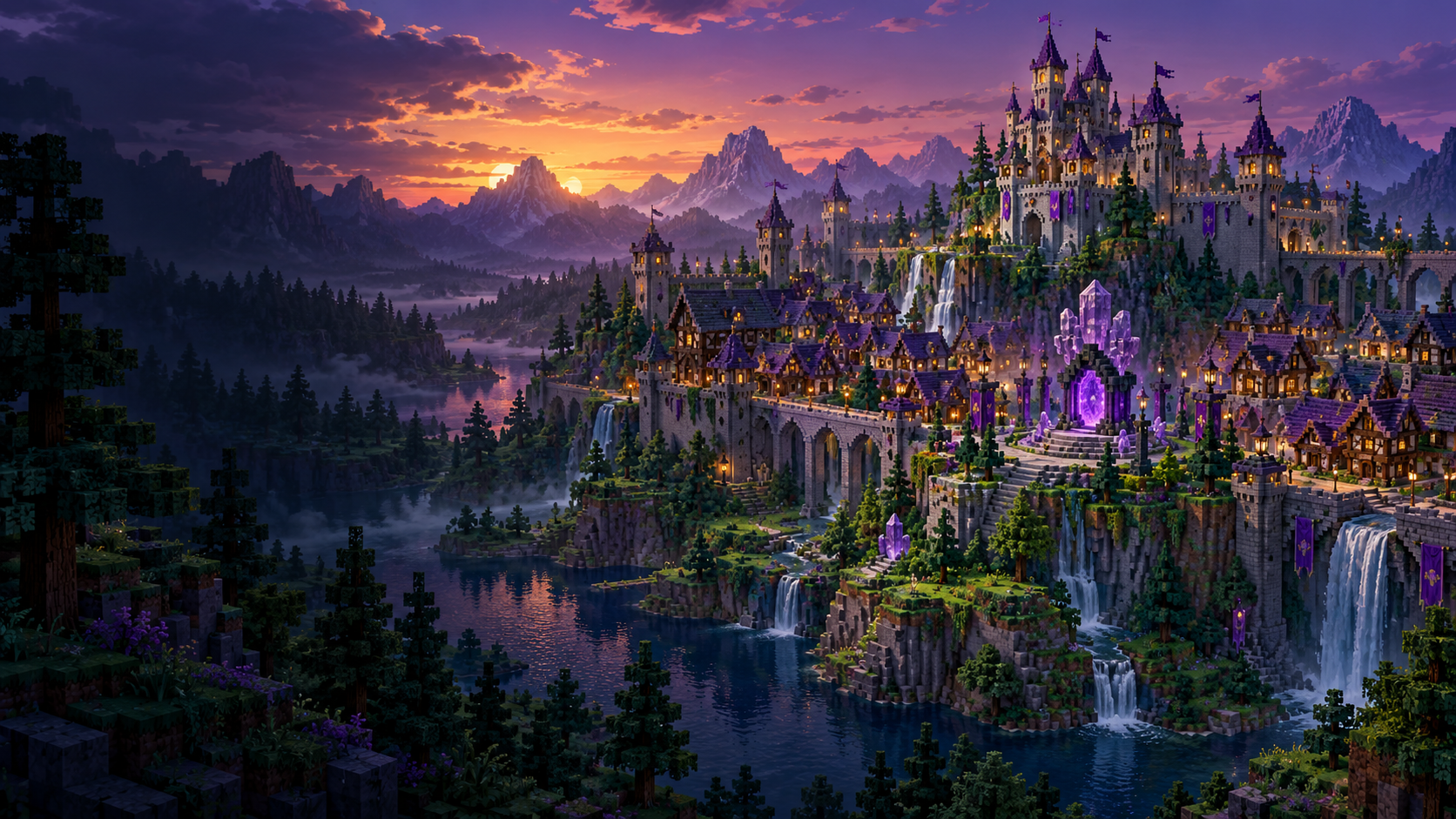 Yeşil vadilerde mor çatılı bir voxel krallık; RainsCraft için hazırlanan konsept görsel